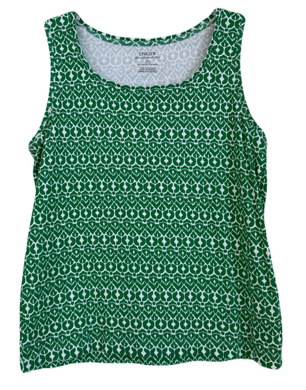 Chico's Basic Scoop Neck Tank - Green/White Print - Chico's Sz 3 (XL)